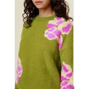 French Paris Fuzzy Floral Knit Sweater Olive Green Pink Size L Eclectic Artsy
